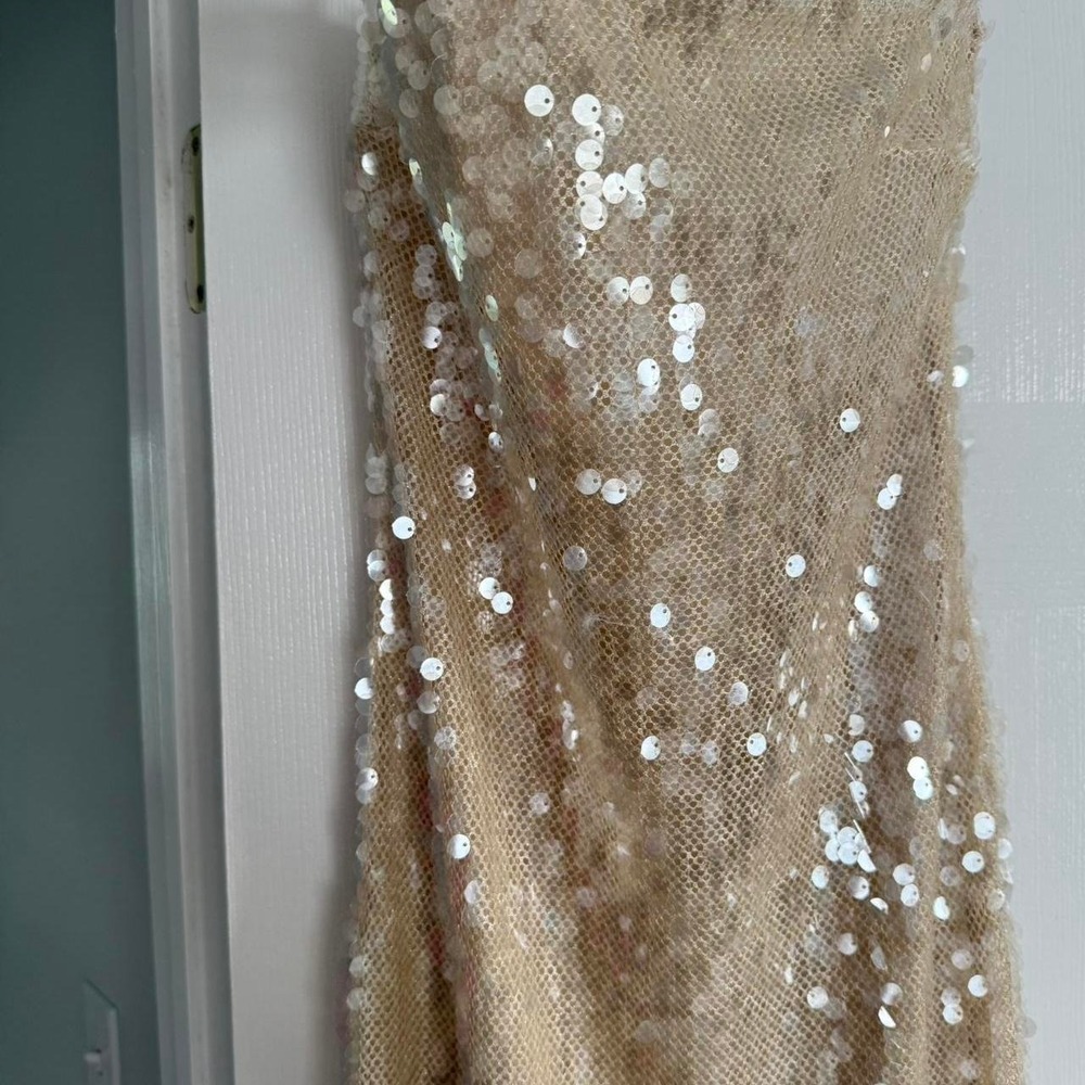 White/Champagne Sequin Strapless Bridal Tube Bodycon Dress - Picture 2 of 4